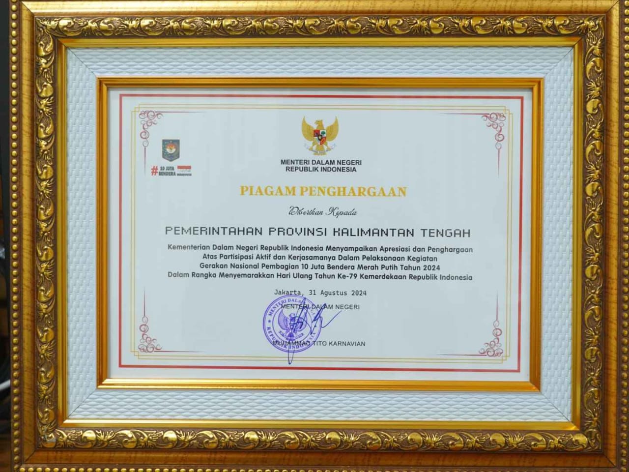 Pemprov Kalteng melalui Badan Kesbangpol Menerima Penghargaan dari Kemendagri