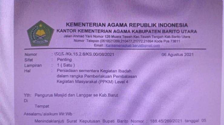 Kemenag Barut Keluarkan Surat Minta Ibadah Berjamaah di Masjid Ditiadakan Sementara