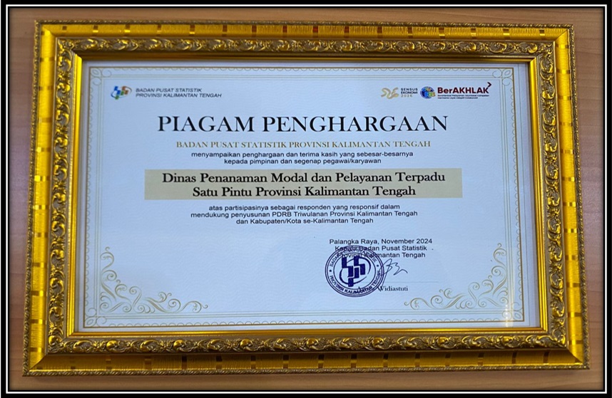 Responsif, DPMPTSP Prov. Kalteng Terima Penghargaan dari BPS Kalimantan Tengah