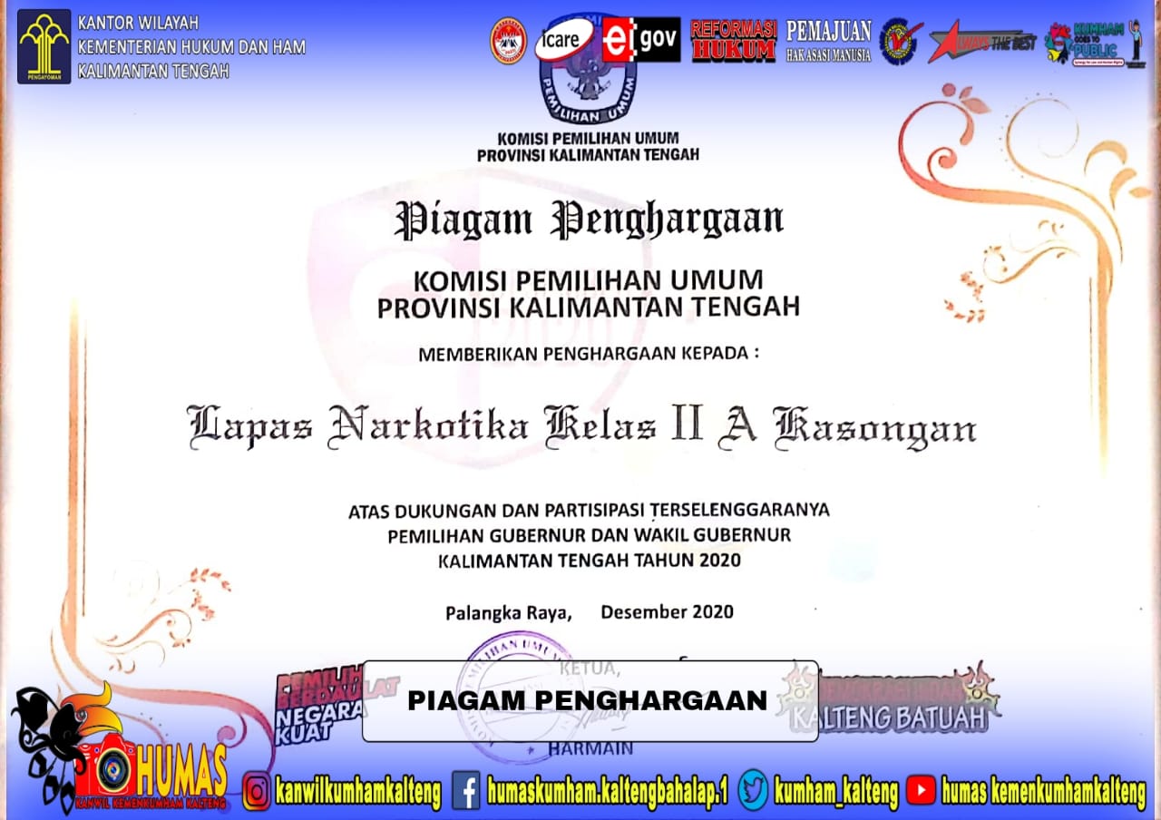 Ikut Sukseskan Pemilu, Lapas Narkotika Kasongan Raih Penghargaan dari KPU Kalteng