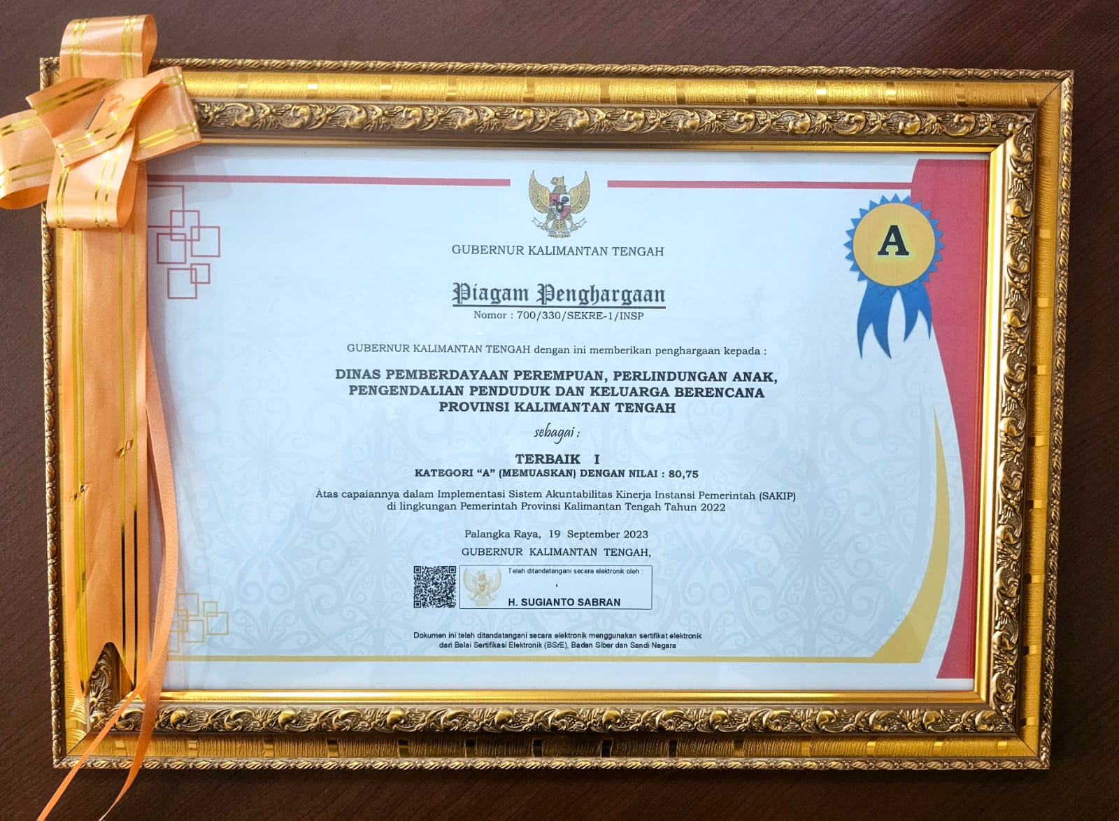 SAKIP Dinas P3APPKB Pemprov Kalteng Raih Terbaik I Kategori “A”