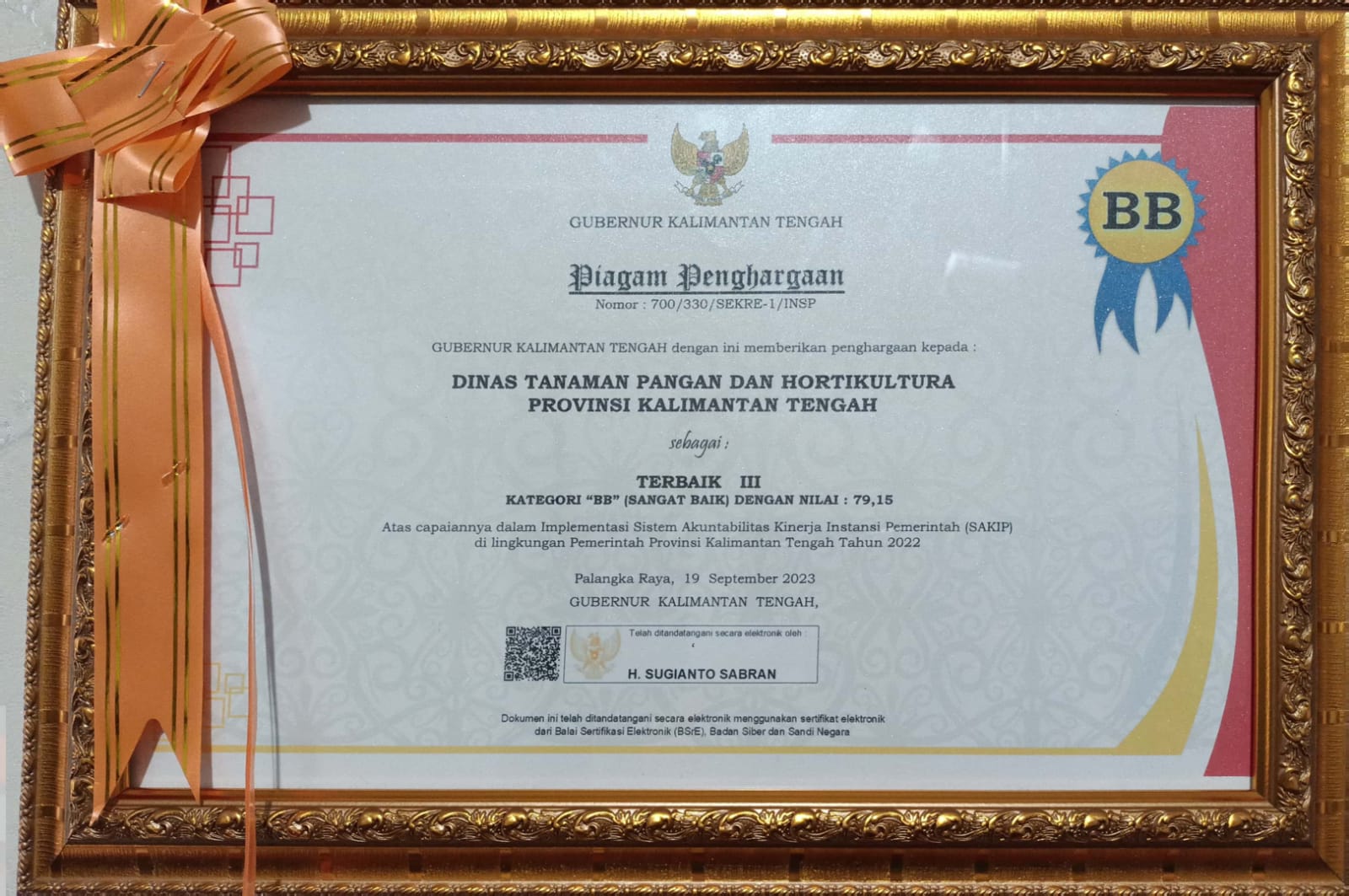 Dinas TPHP Prov. Kalteng Raih Peringkat Terbaik III Evaluasi SAKIP Tahun 2022
