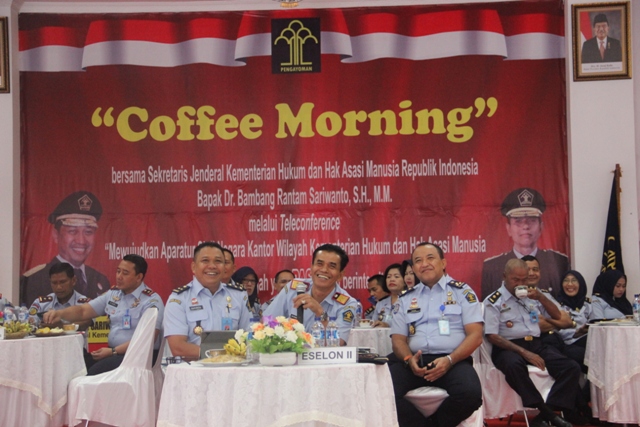 Sekjen Kemenkumham RI Coffe Morning Bersama Jajaran Kanwil Kemenkumham Kalteng Melalui Media Telenconference
