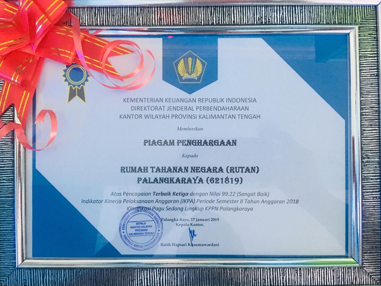 Rutan Palangka Raya Raih Predikat Terbaik III Kategori Indikator Kinerja Pelaksanaan Anggaran