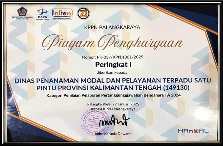 DPMPTSP Prov. Kalteng Raih Peringkat I Penilaian Pelaporan Pertanggungjawaban Bendahara Tahun 2024
