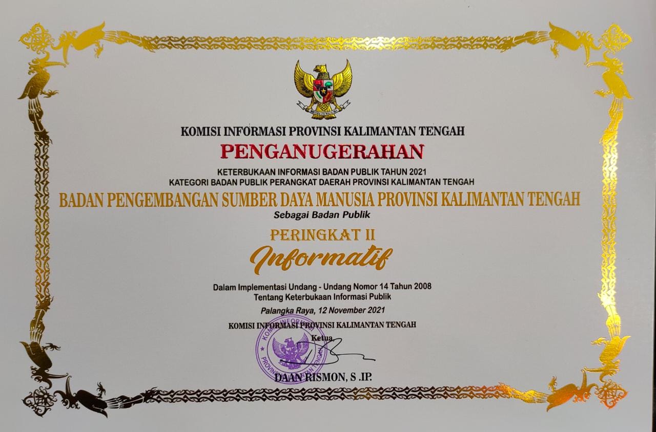 BPSDM Prov. Kalteng Raih Peringkat Kedua Badan Publik Informatif