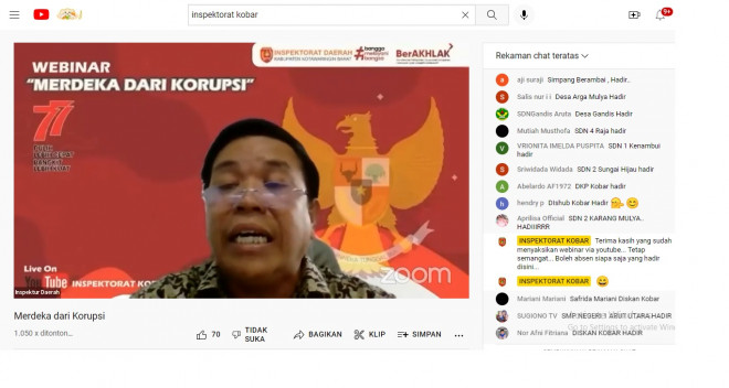 Peringati HUT Kemerdekaan RI, Inspektorat Daerah Kobar Adakan Webinar Anti Korupsi