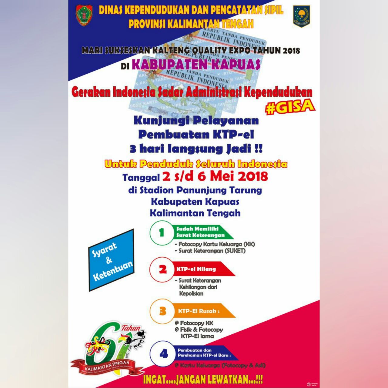 Disdukcapil Prov. Kalteng Membuka Layanan Pembuatan KTP-el 3 hari Langsung Jadi  Pada Acara Kalteng Quality Expo 2018 di Kuala Kapuas