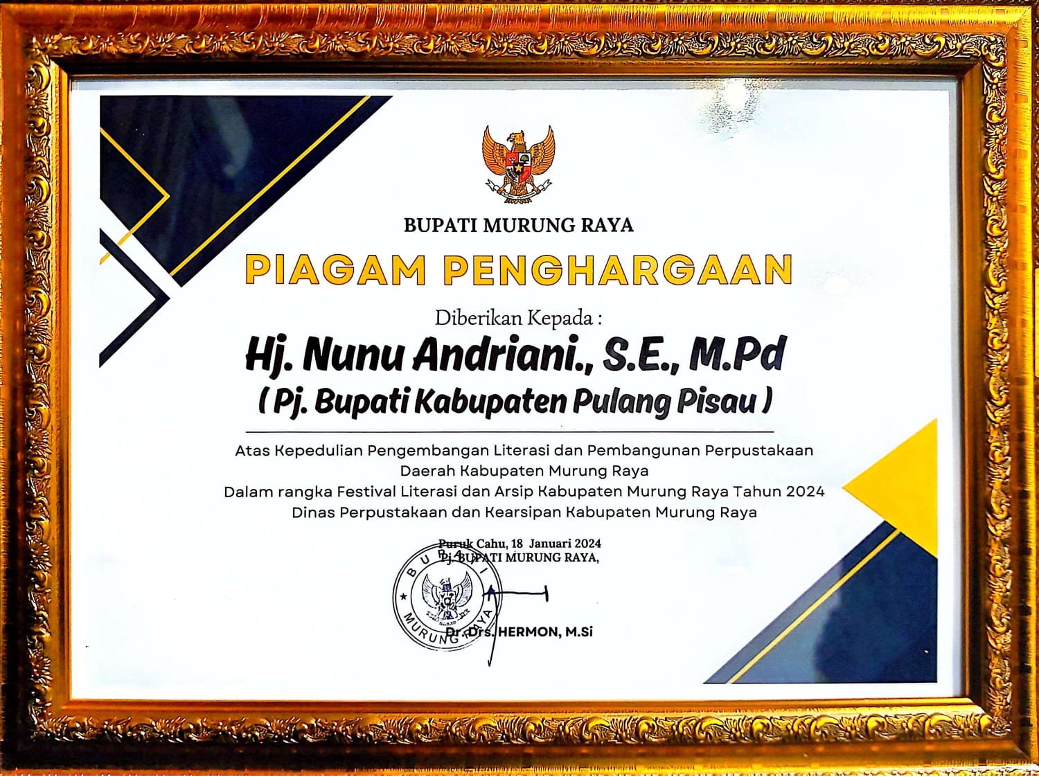 Kadispursip Kalteng Nunu Andriani Terima Piagam Penghargaan Pegiat Literasi