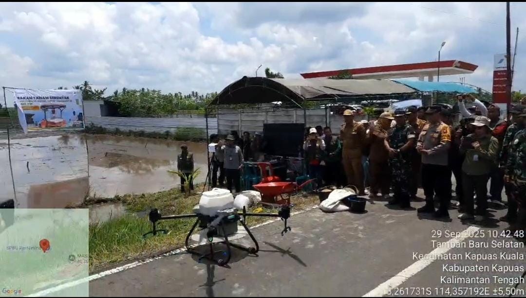 Dukung swasembada pangan nasional , Brigade Pangan Prov Kalteng laksanakan gerak tanam padi dengan Teknologi Drone